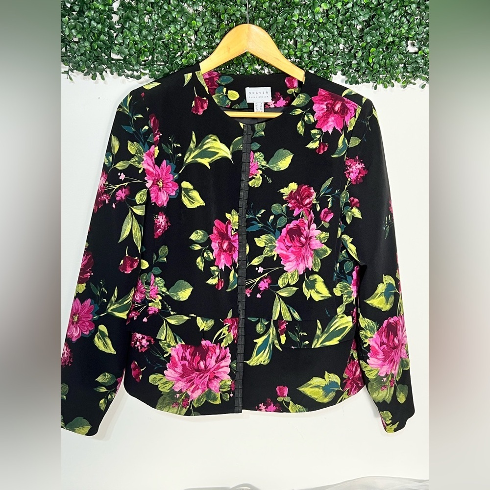 Susan Graver Black Floral Liquid Knit Blazer Jacket Size 6 Ribbon Trim EUC